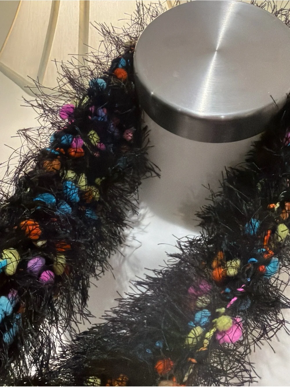 Fuzzy Black Eyelash Scarf with Multicolor Pom Accents - Women's Accessory Y2K